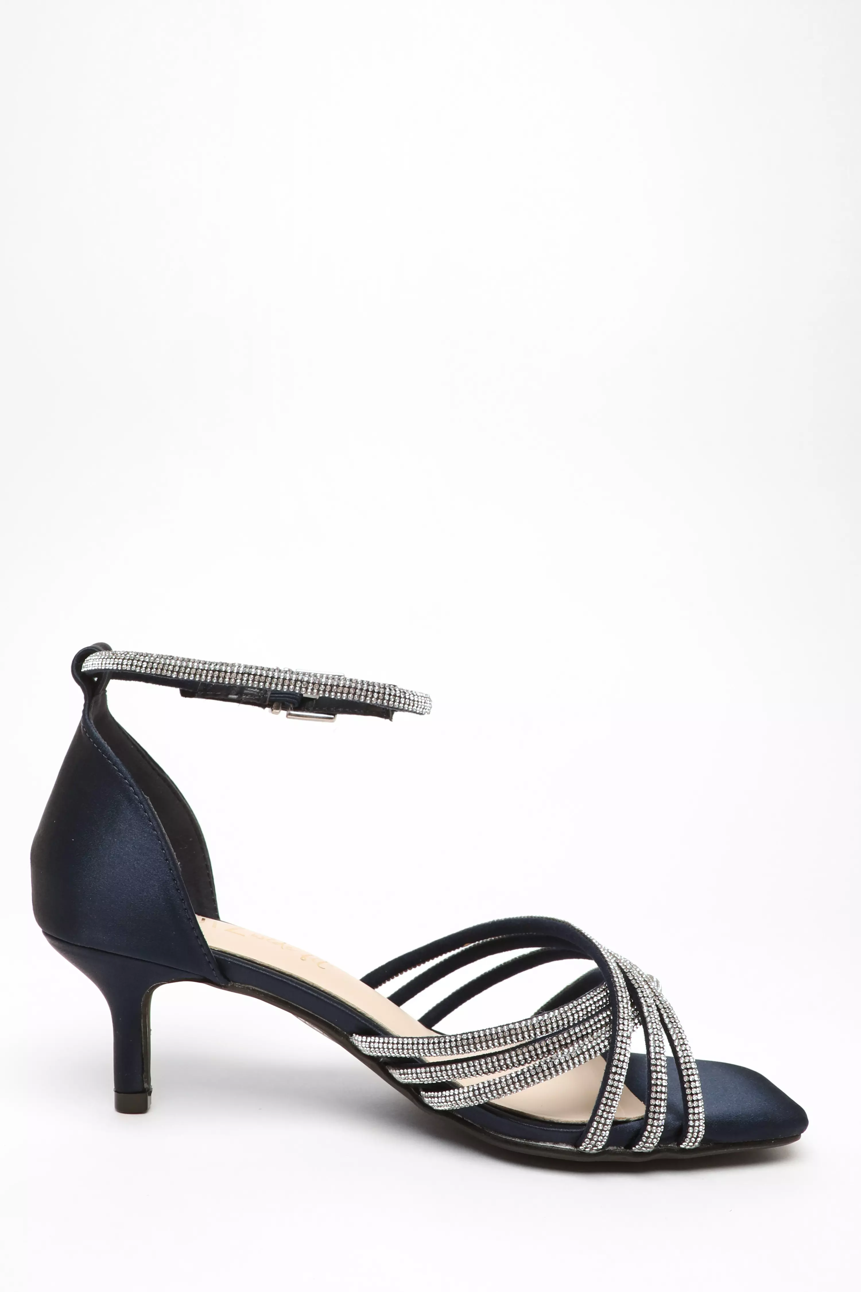 Wide Fit Navy Satin Diamante Cross Strap Low Heels