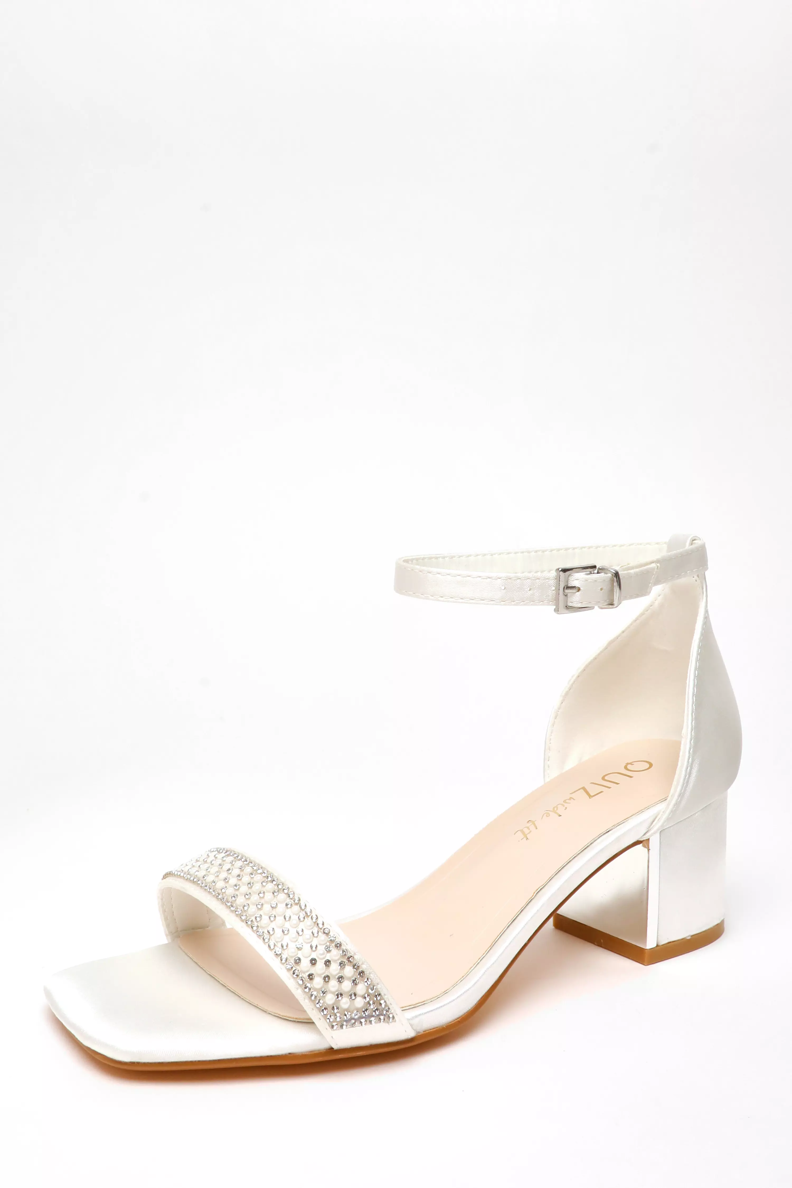 Wide Fit Bridal Satin Pearl Low Block Heeled Sandals