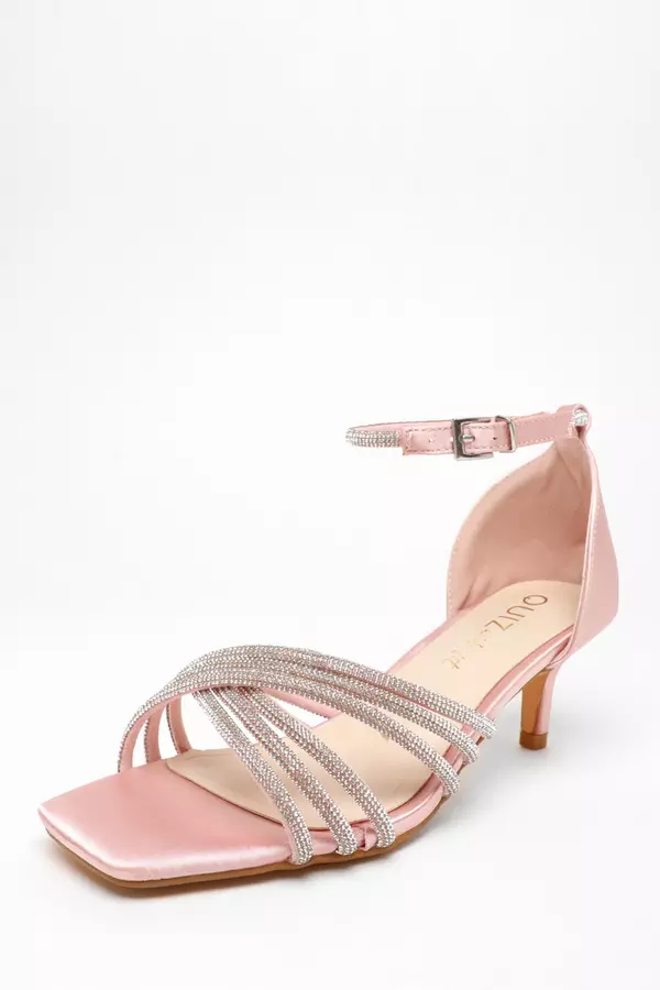 Wide Fit Pink Satin Diamante Cross Strap Low Heels