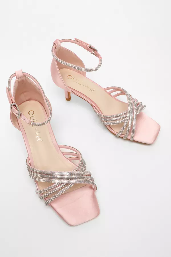 Wide Fit Pink Satin Diamante Cross Strap Low Heels