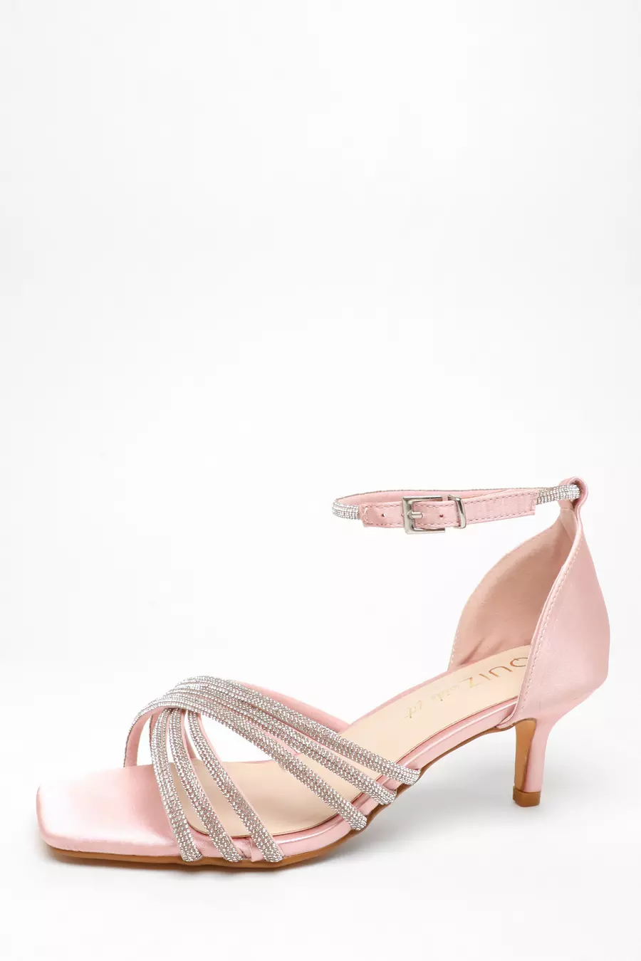 Wide Fit Pink Satin Diamante Cross Strap Low Heels QUIZ Clothing