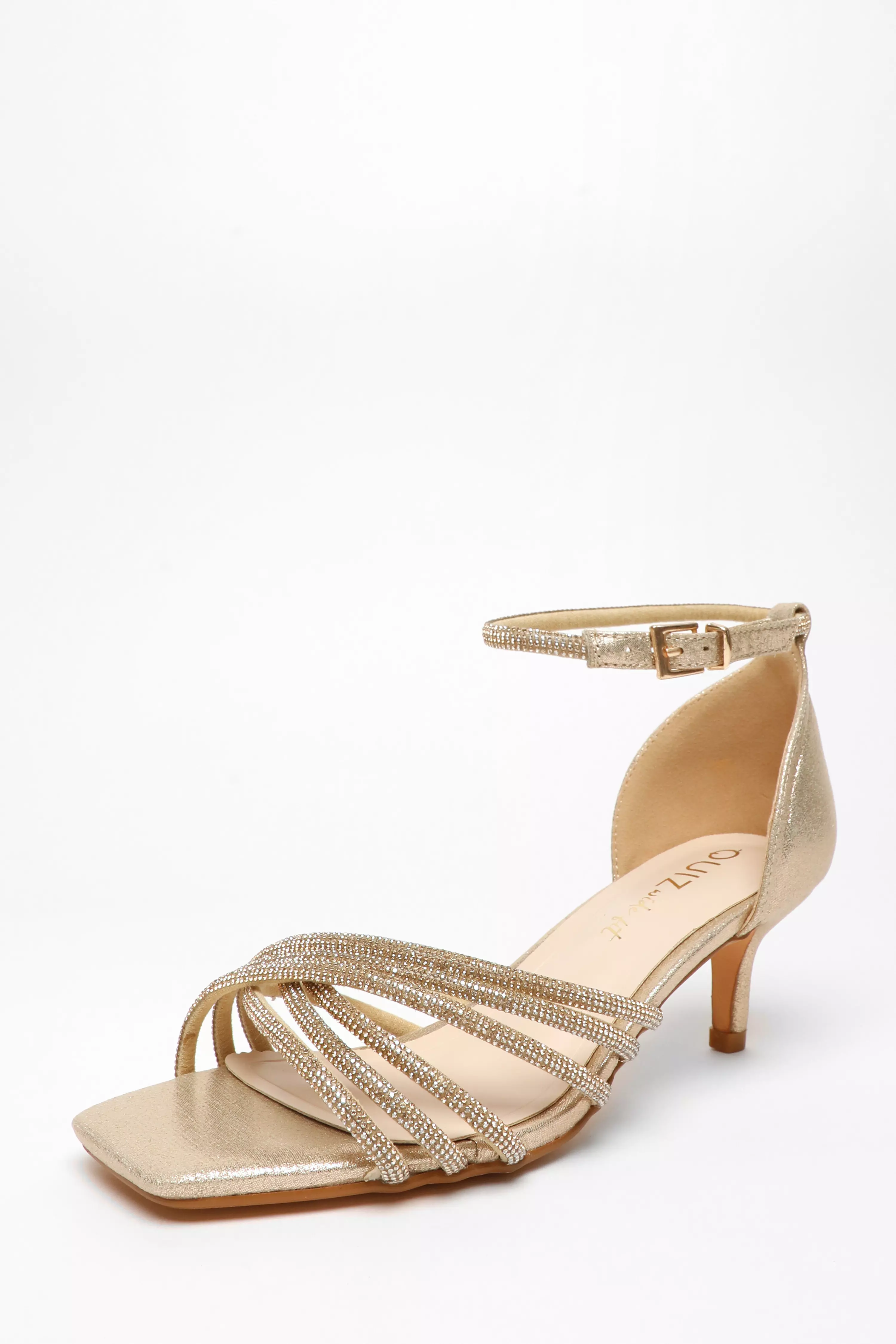 Wide Fit Gold Satin Diamante Cross Strap Low Heels