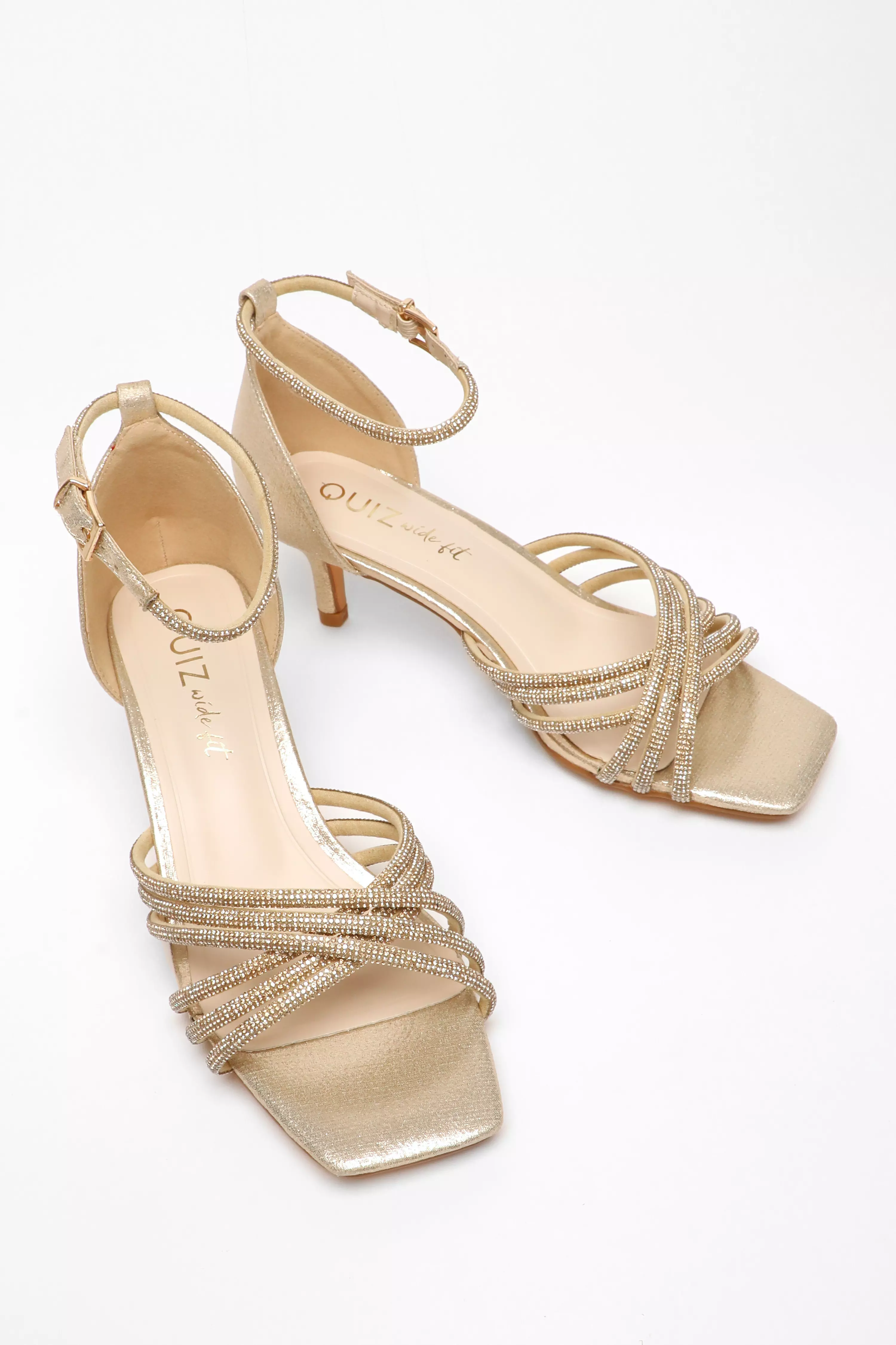 Wide Fit Gold Satin Diamante Cross Strap Low Heels