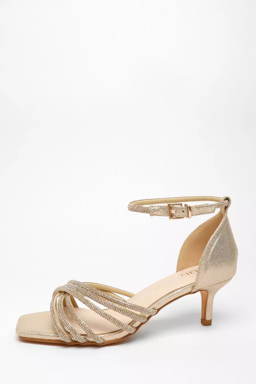 Wide Fit Gold Satin Diamante Cross Strap Low Heels QUIZ Clothing