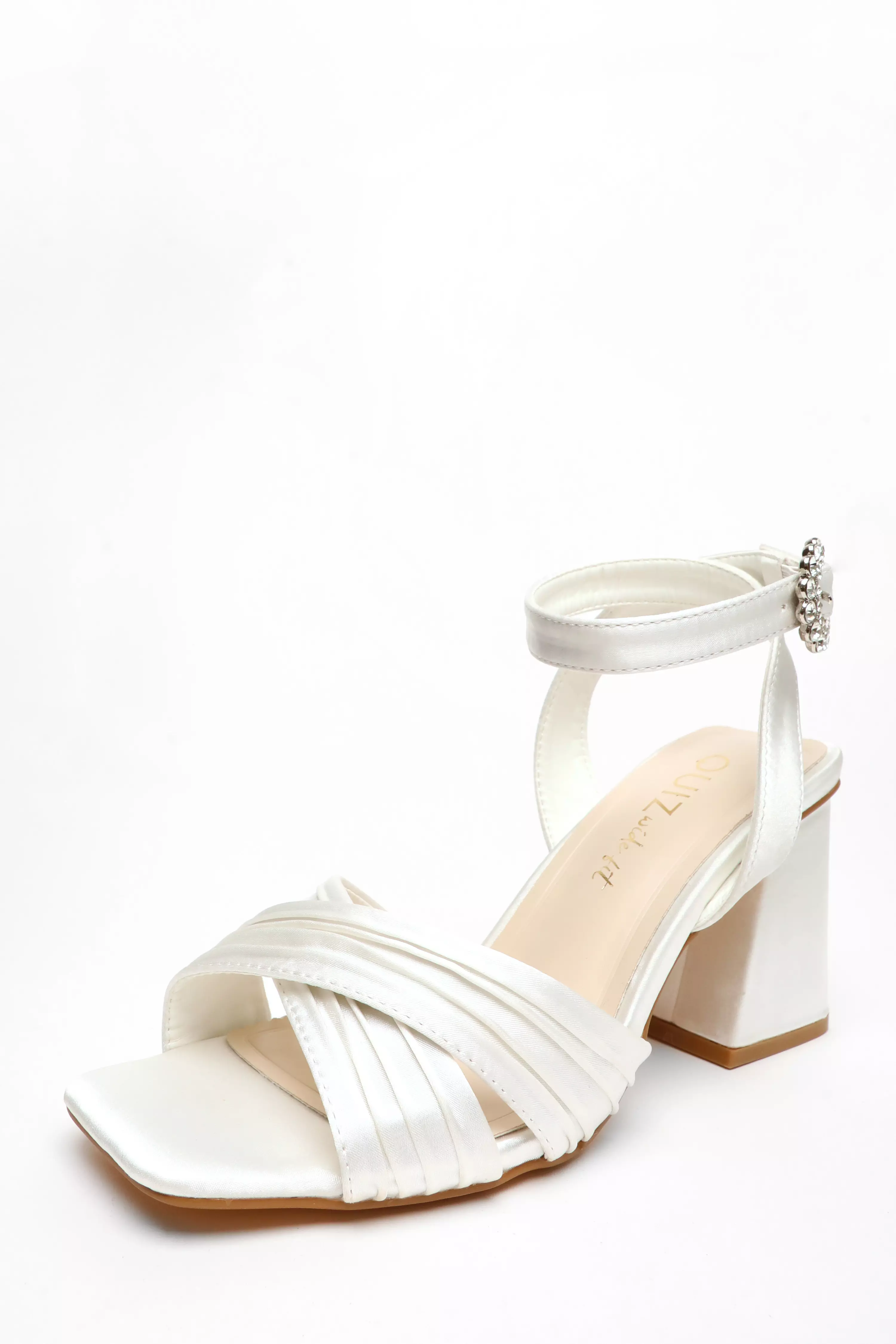 Bridal Wide Fit White Satin Block Heel Sandals