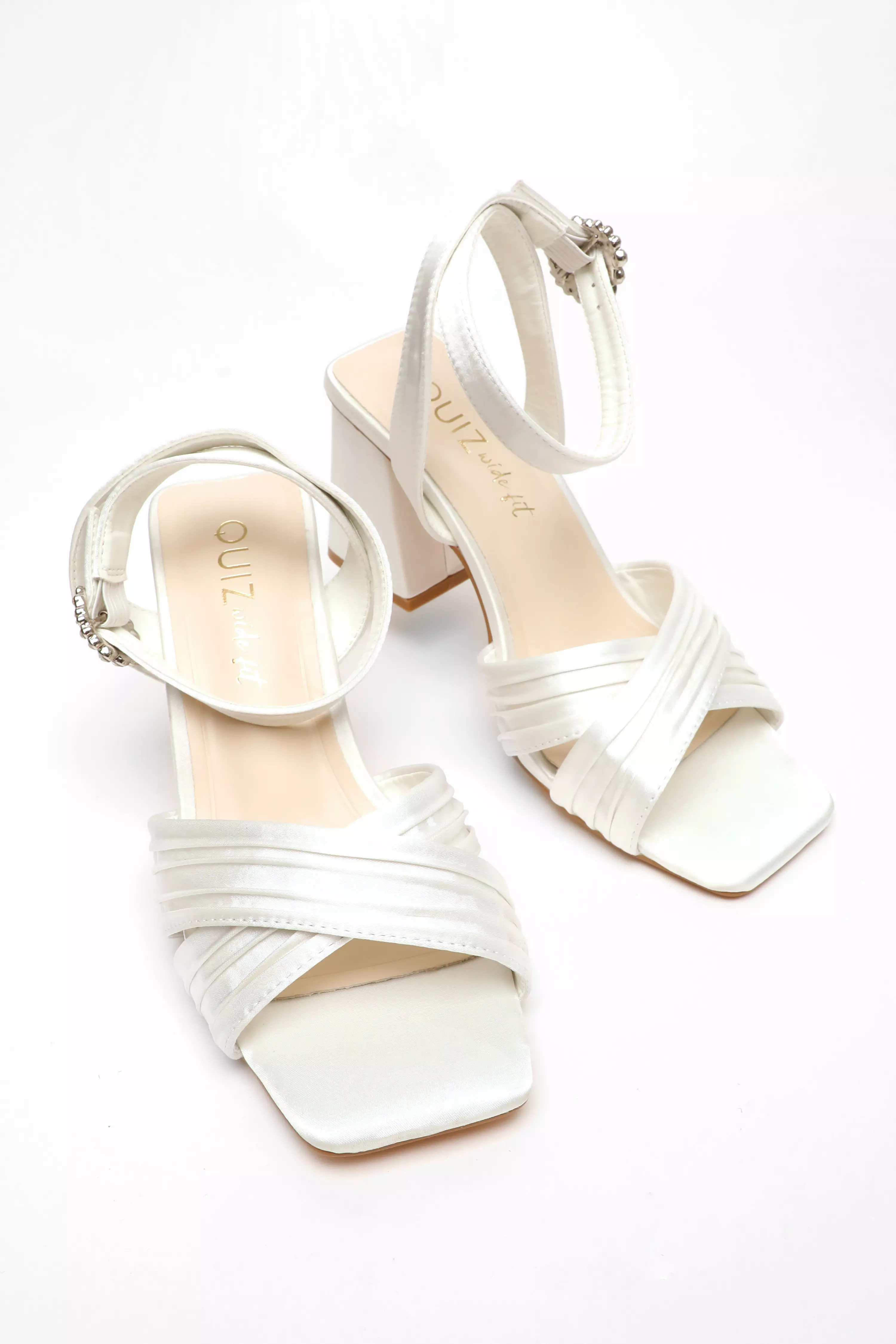 Bridal Wide Fit White Satin Block Heel Sandals