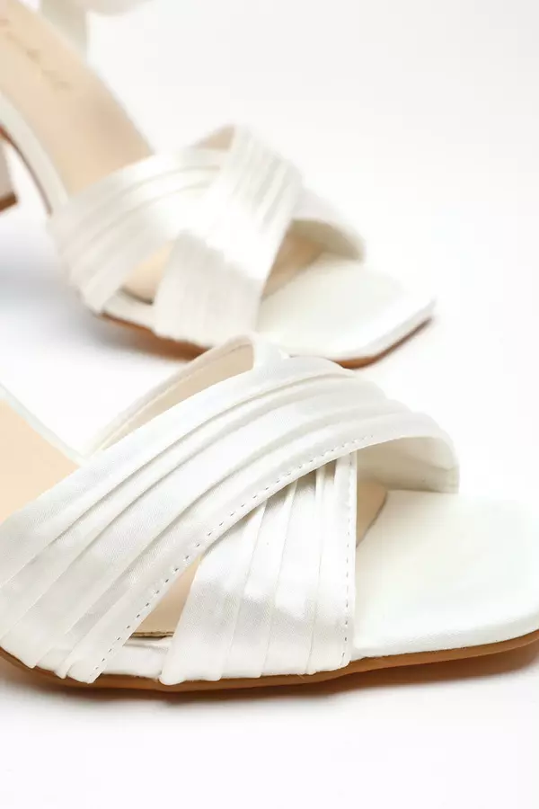 Bridal Wide Fit White Satin Block Heel Sandals