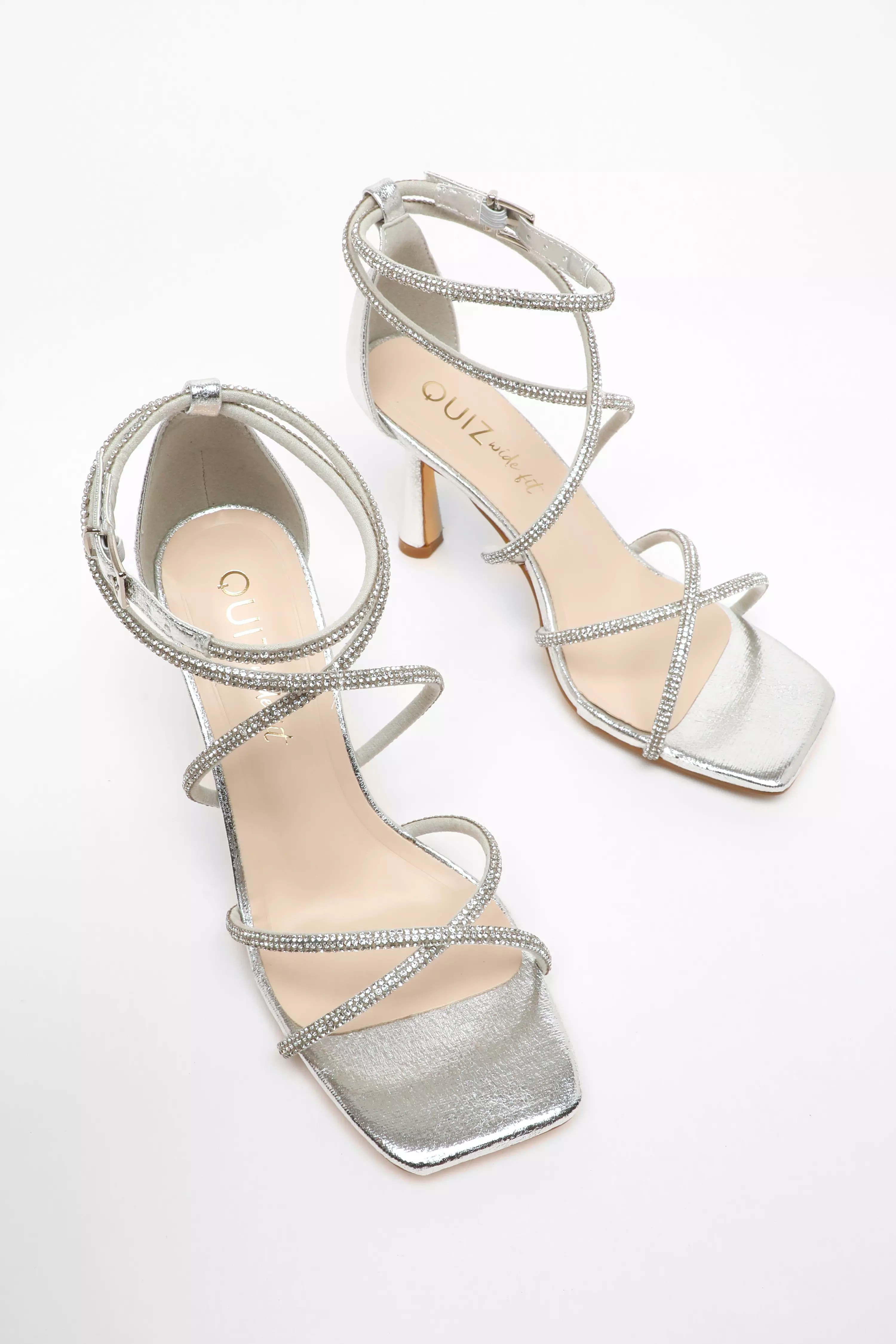 Wide Fit Silver Diamante Cross Strap Heeled Sandals