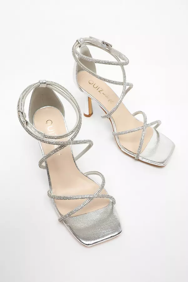 Wide Fit Silver Foil Diamante Low Block Heeled Sandals