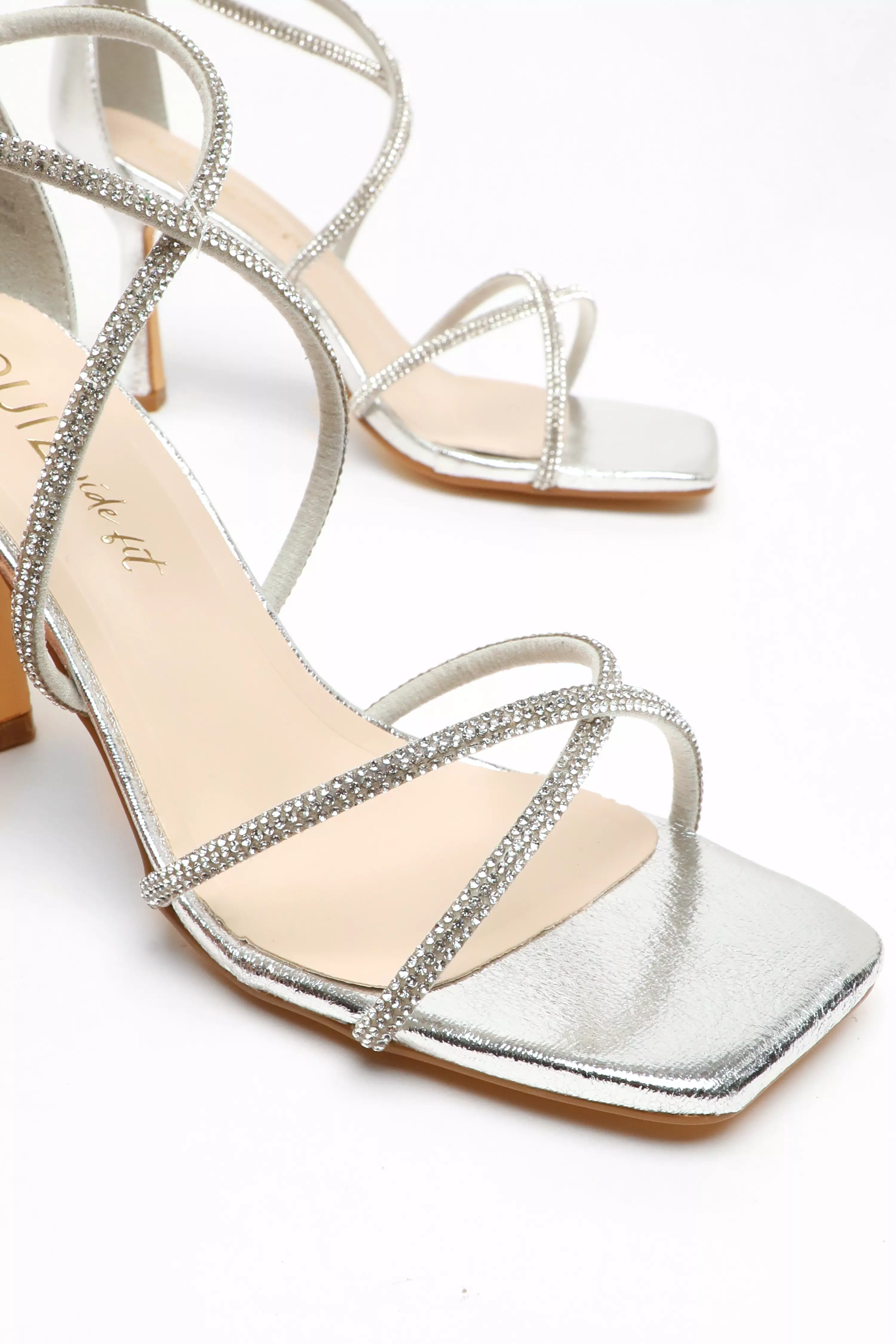 Wide Fit Silver Diamante Cross Strap Heeled Sandals