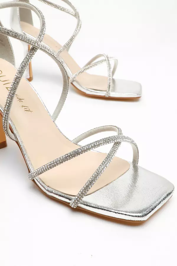 Wide Fit Silver Foil Diamante Low Block Heeled Sandals