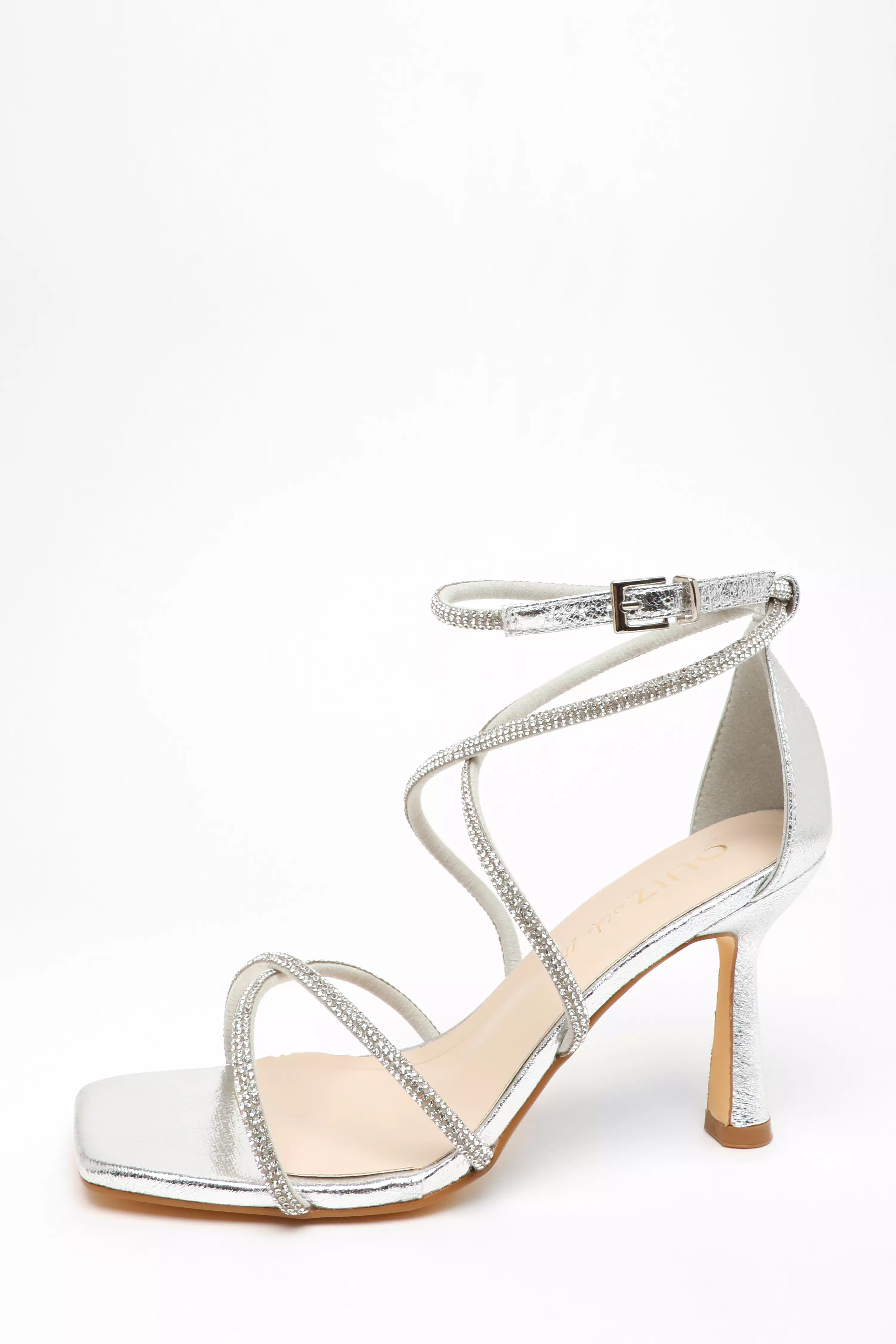 Wide Fit Silver Diamante Cross Strap Heeled Sandals