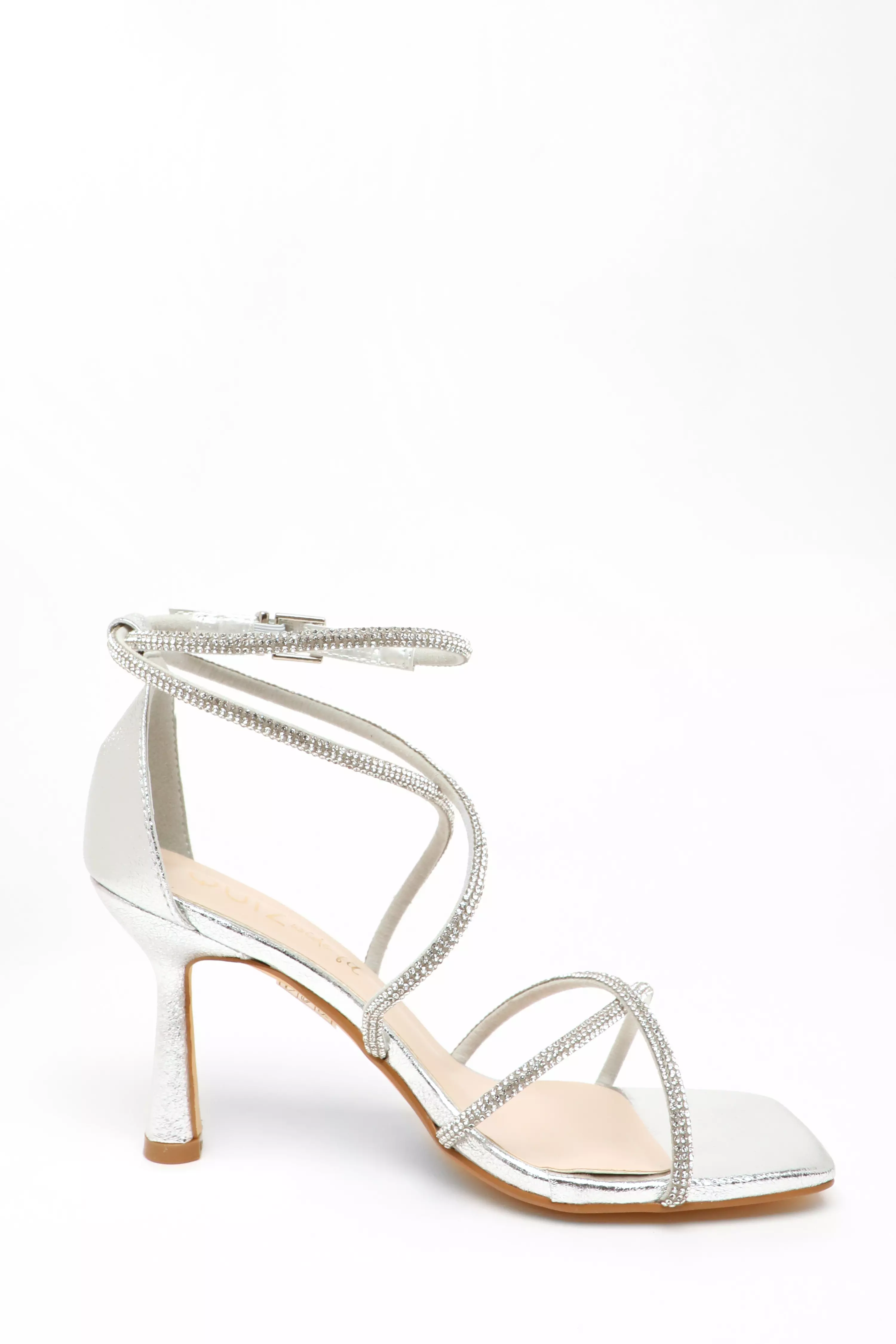 Wide Fit Silver Foil Diamante Low Block Heeled Sandals