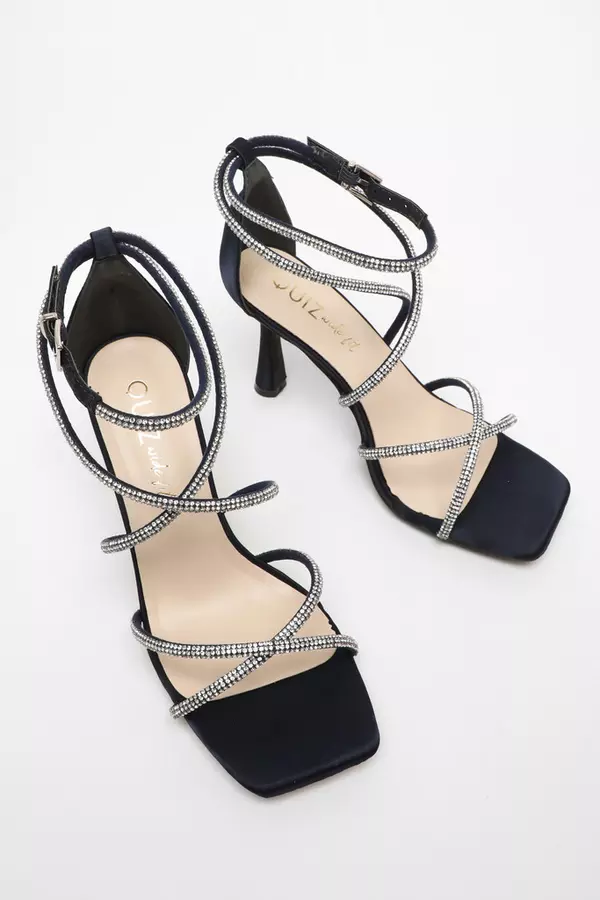 Wide Fit Navy Diamante Cross Strap High Heeled Sandals