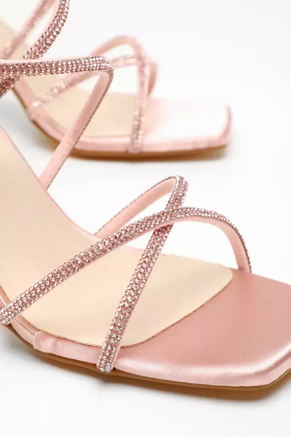 Wide Fit Pink Satin Diamante Cross Strap High Heeled Sandals