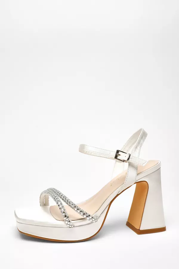 Bridal Wide Fit White Satin Diamante Strappy Platform Heels