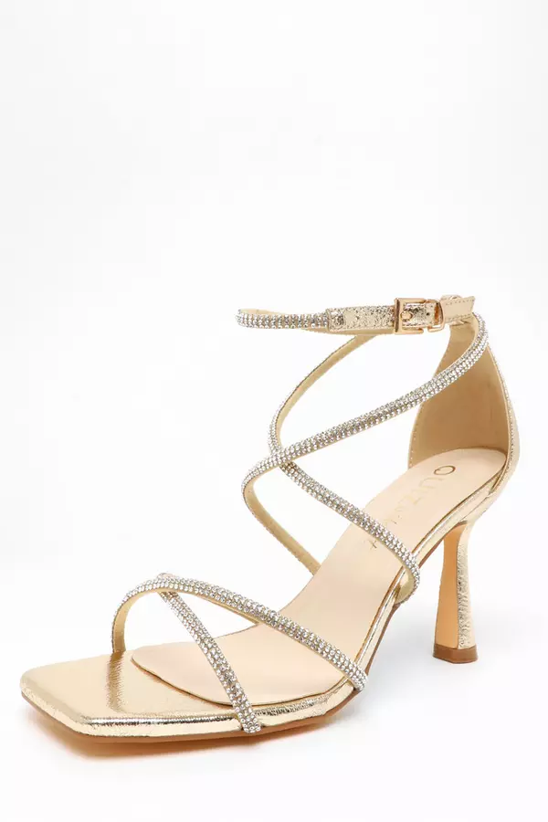 Wide Fit Gold Foil Diamante Strappy Heeled Sandals