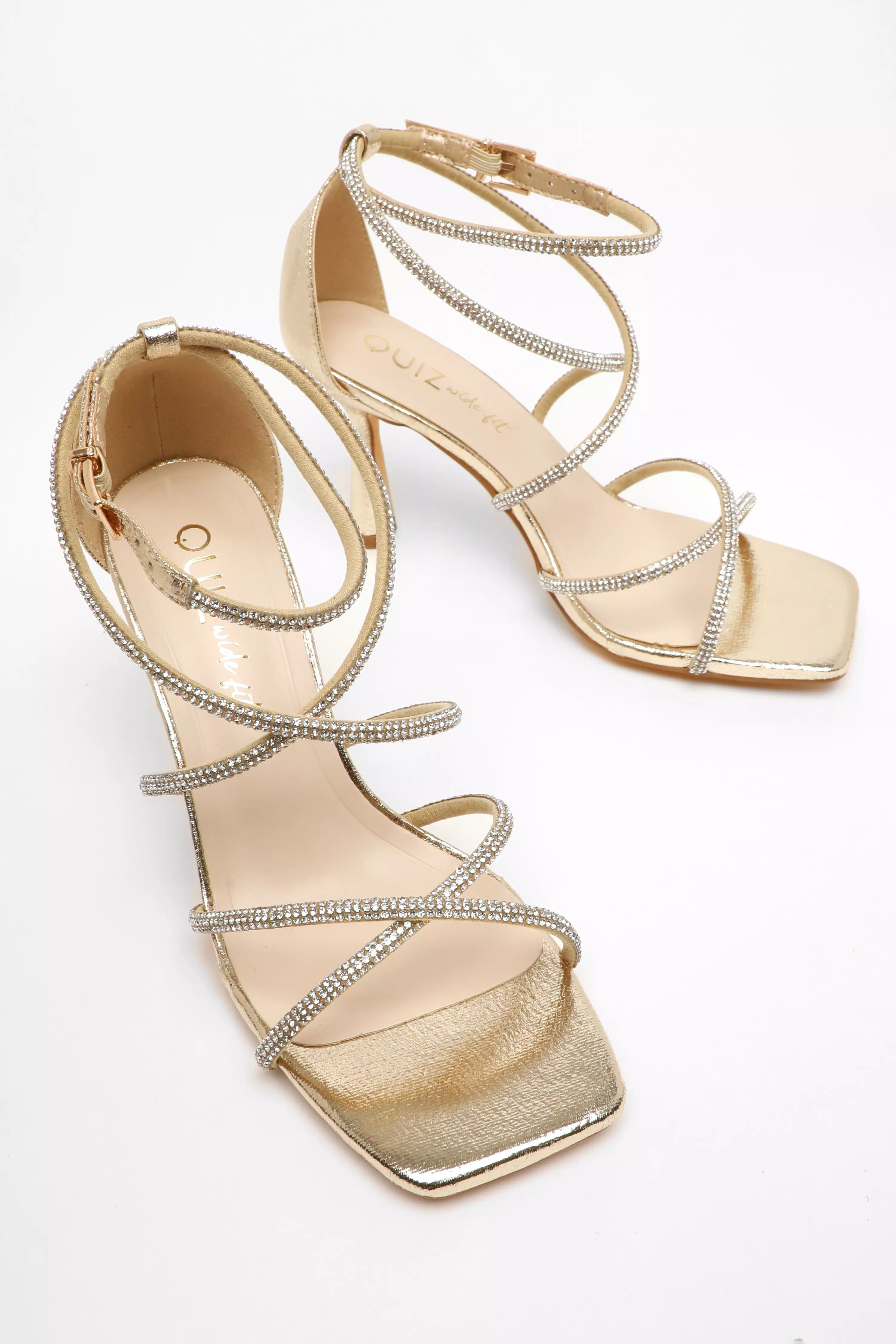 Wide Fit Gold Foil Diamante Strappy Heeled Sandals