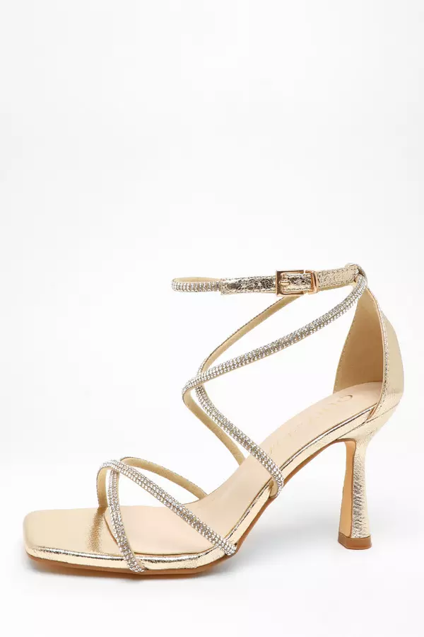 Wide Fit Gold Foil Diamante Strappy Heeled Sandals