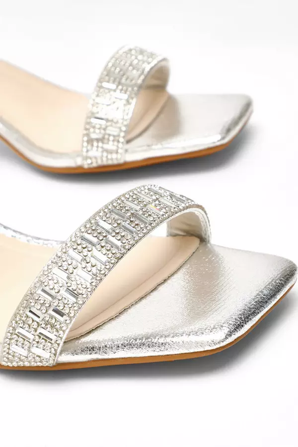 Wide Fit Silver Shimmer Low Block Heel Sandals 