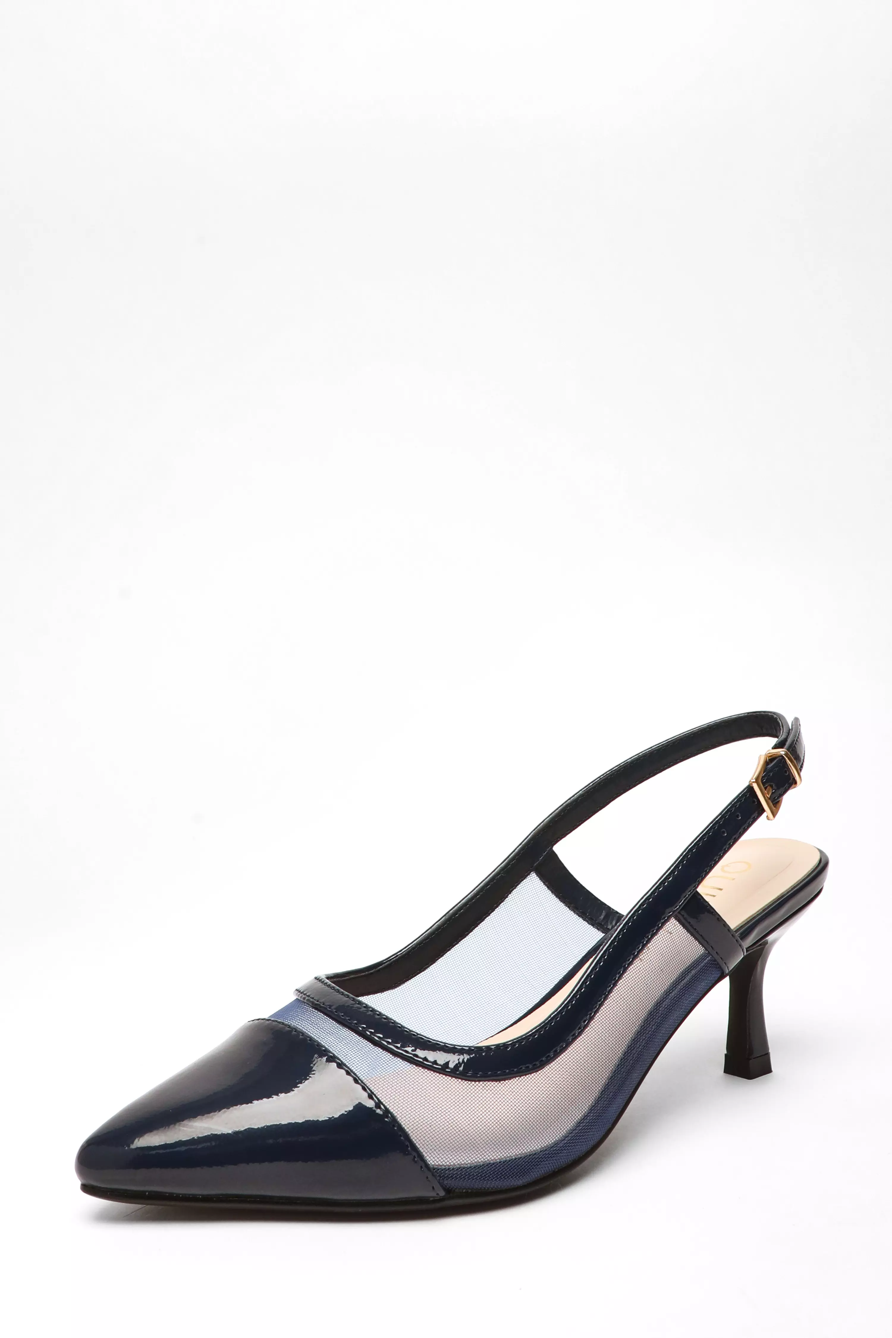 Wide Fit Navy Faux Leather Mesh Low Block Heel