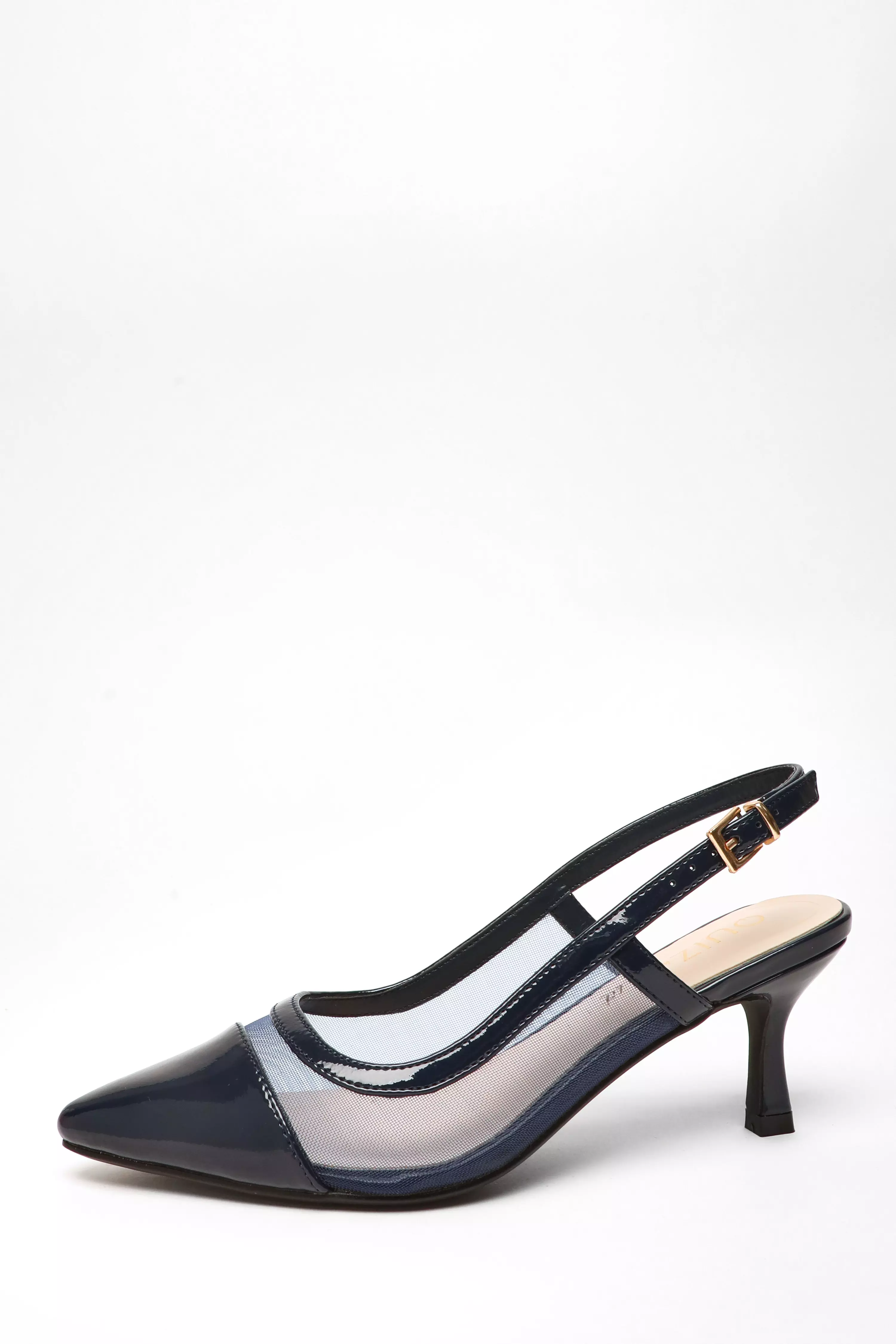 Wide Fit Navy Faux Leather Mesh Low Block Heel