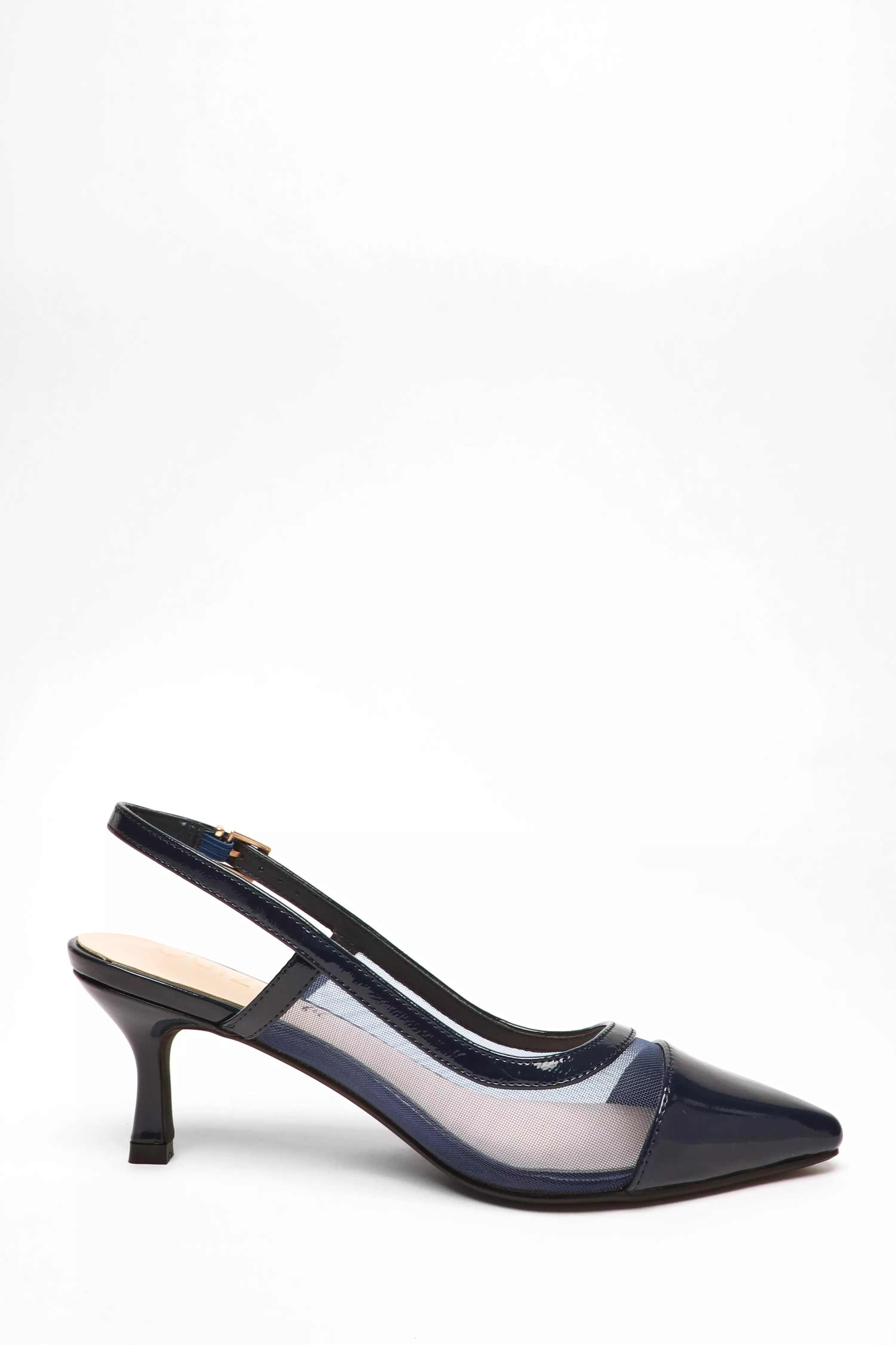 Wide Fit Navy Faux Leather Mesh Low Block Heel