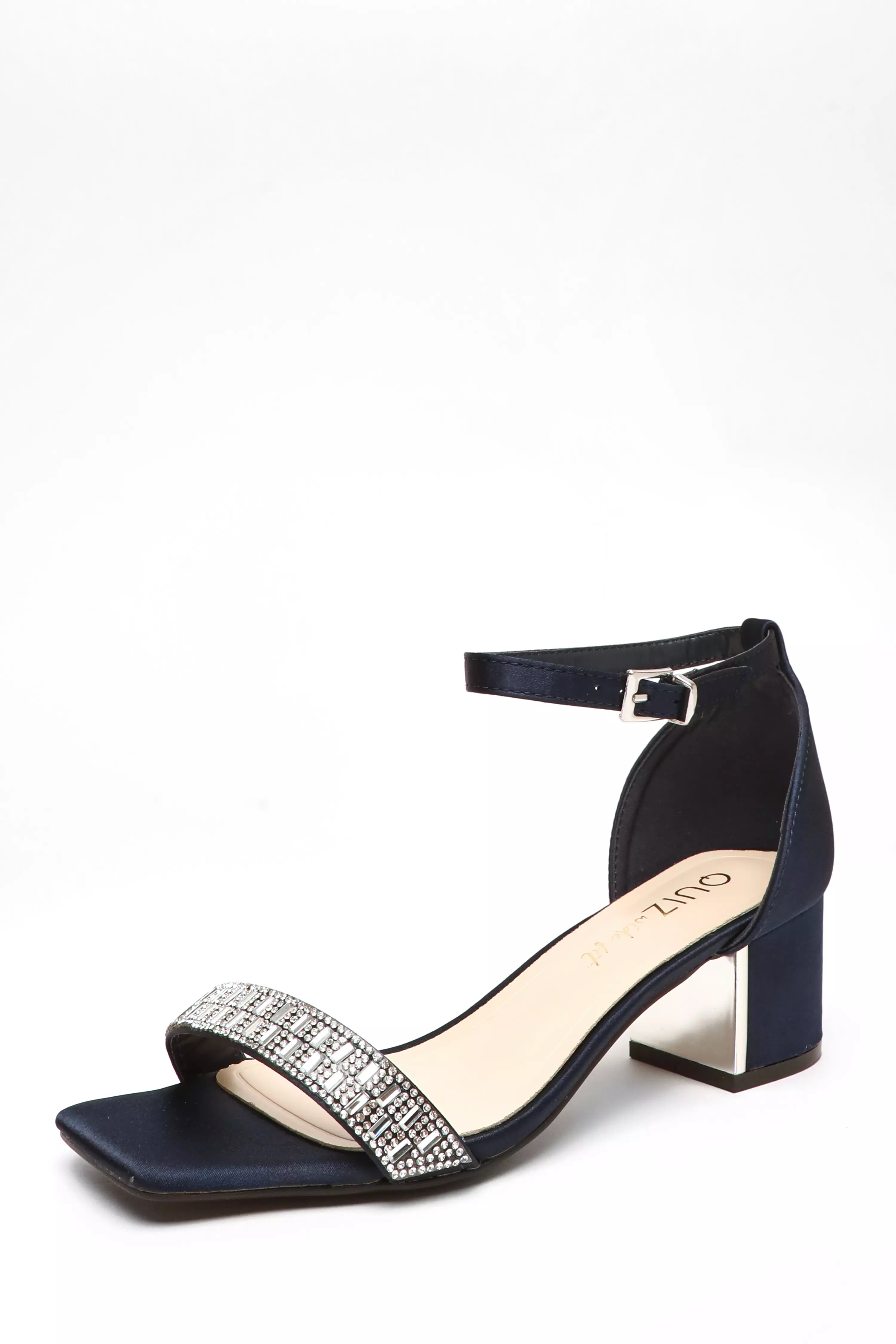 Wide Fit Navy Satin Diamante Low Block Heeled Sandals