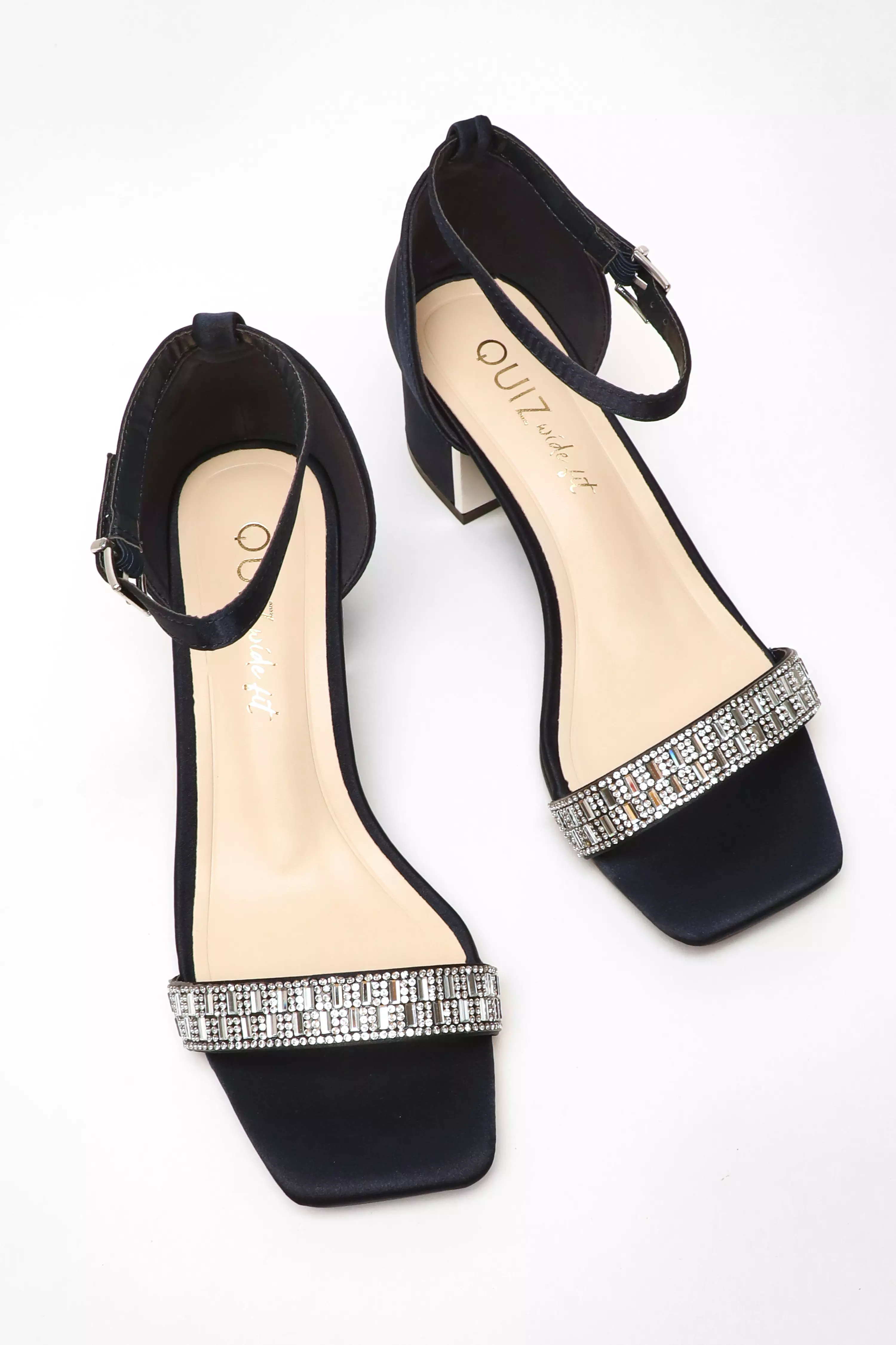 Wide Fit Navy Satin Diamante Low Block Heeled Sandals