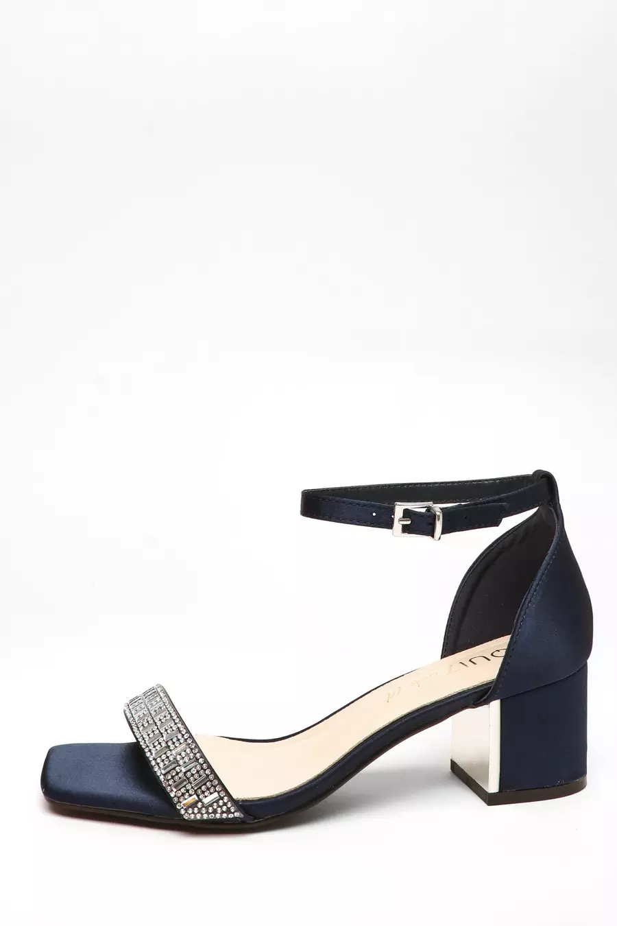 Wide Fit Navy Satin Diamante Low Block Heeled Sandals QUIZ Clothing