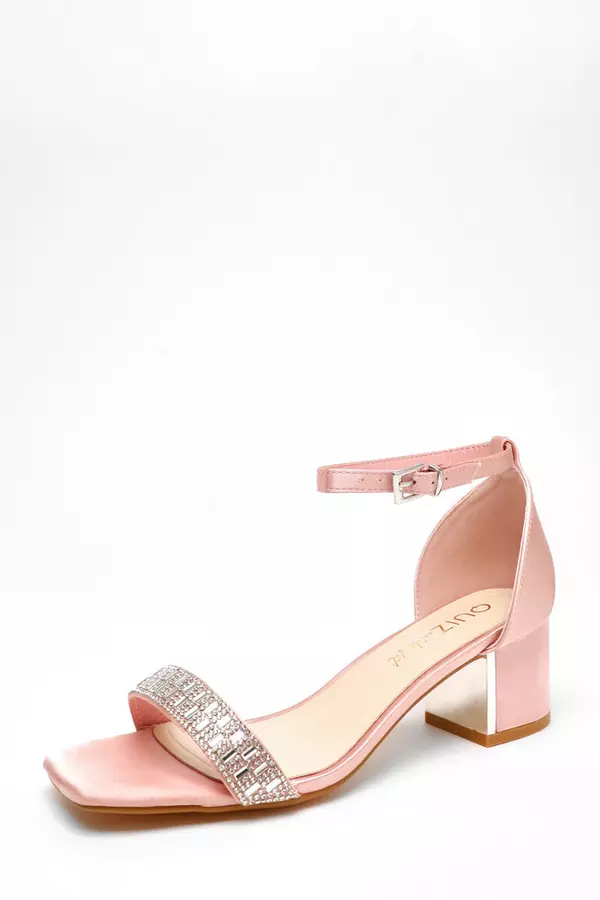 Wide Fit Pink Satin Diamante Low Block Heeled Sandals