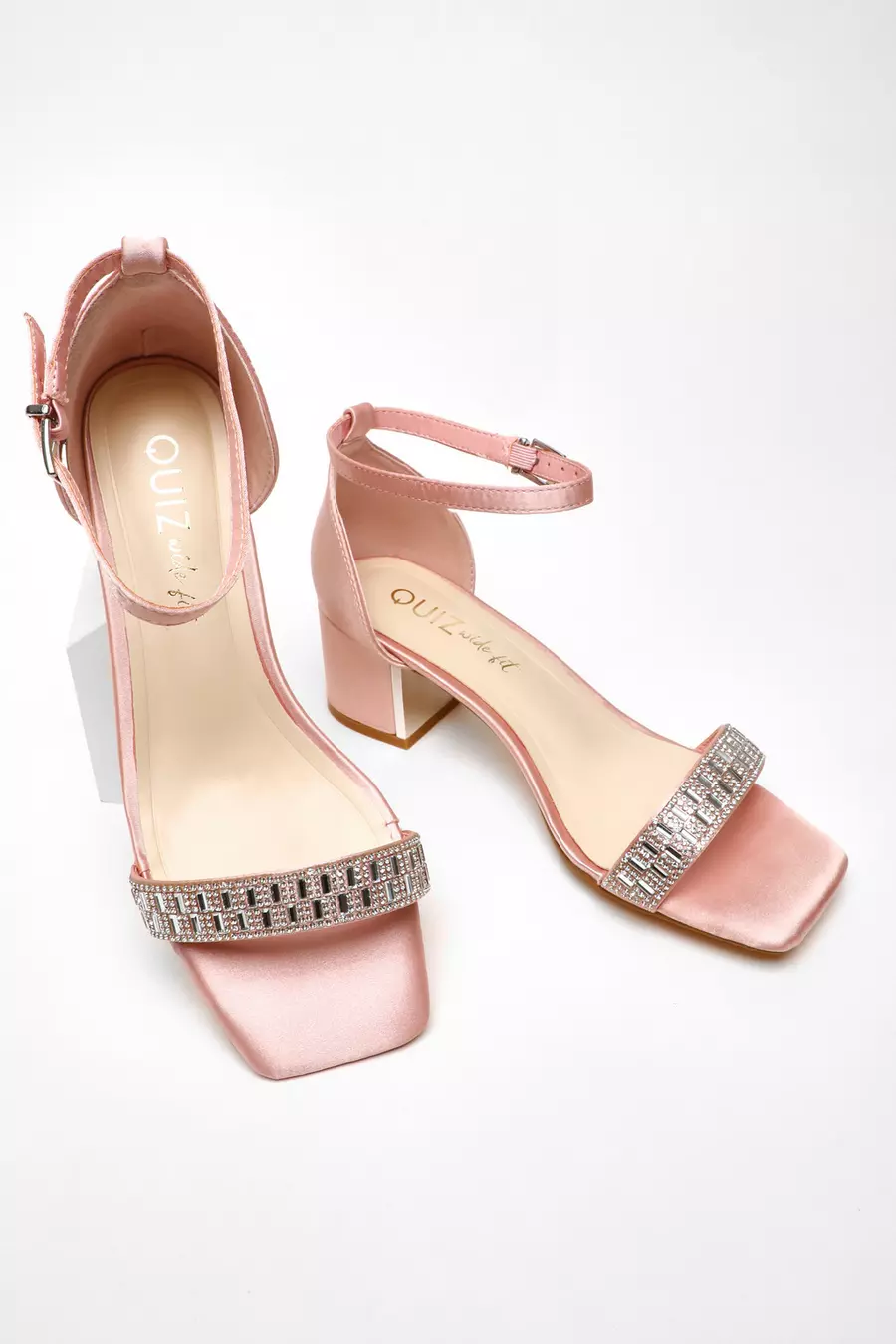 Wide Fit Pink Satin Diamante Low Block Heeled Sandals QUIZ Clothing