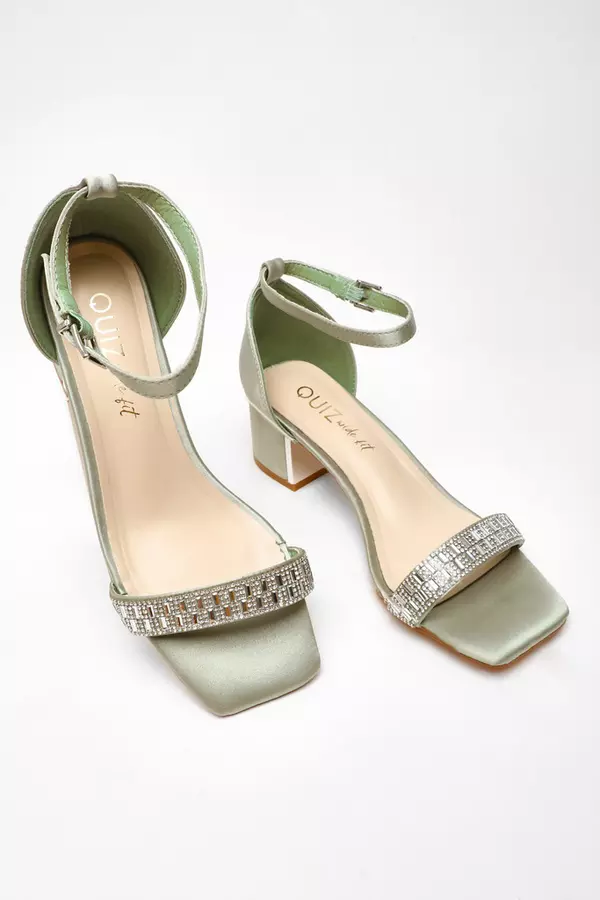 Wide Fit Sage Satin Diamante Low Block Heeled Sandals