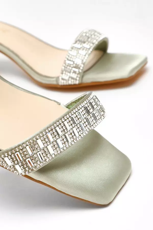 Wide Fit Sage Satin Diamante Low Block Heeled Sandals