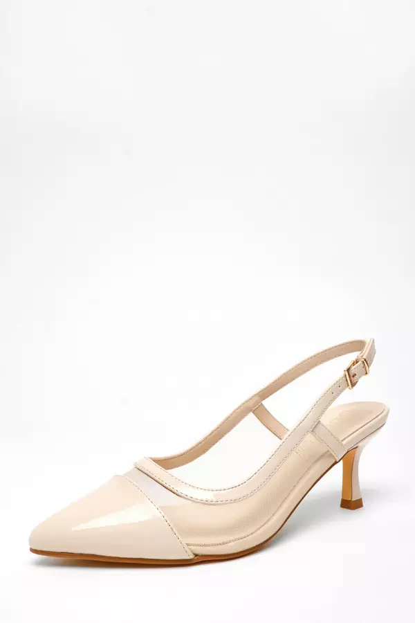 Wide Fit Nude Faux Leather Mesh Sling Back Heels