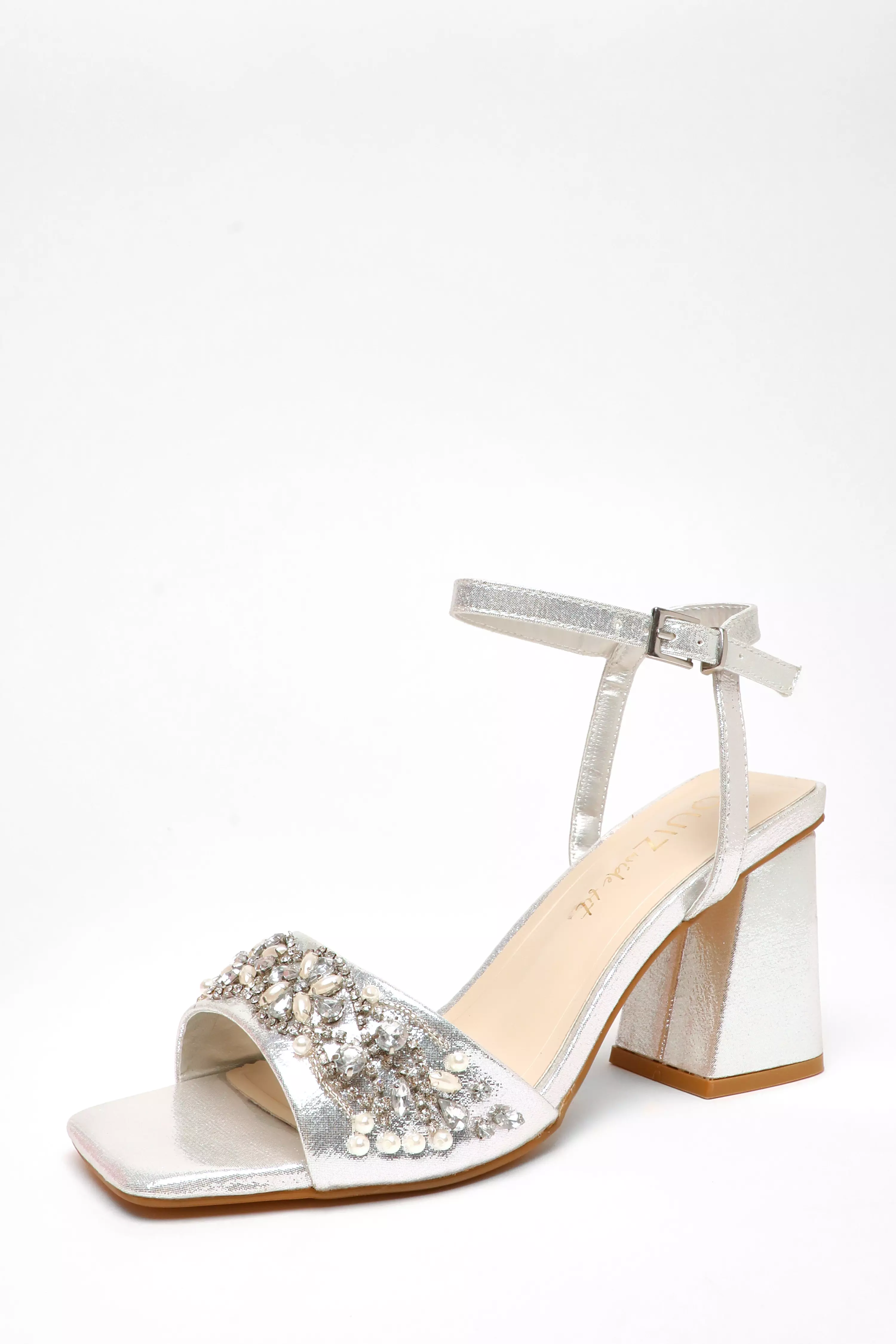 Wide Fit Silver Shimmer Embellished Block Heel Sandals
