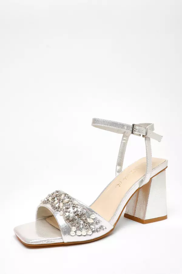 Wide Fit Silver Shimmer Embellished Block Heel Sandals