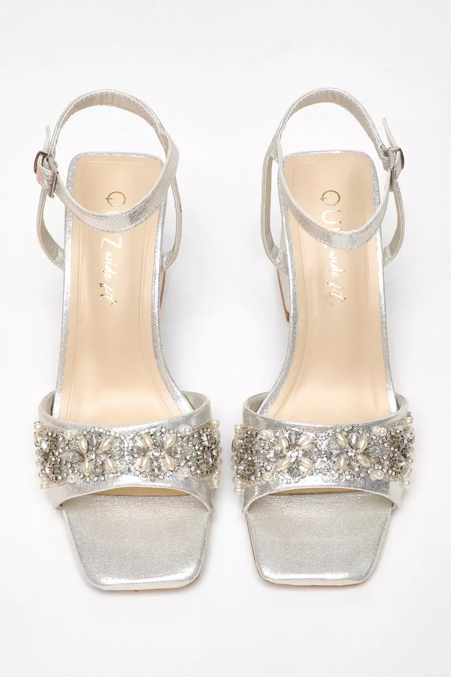 Wide Fit Silver Shimmer Embellished Block Heel Sandals QUIZ Clothing