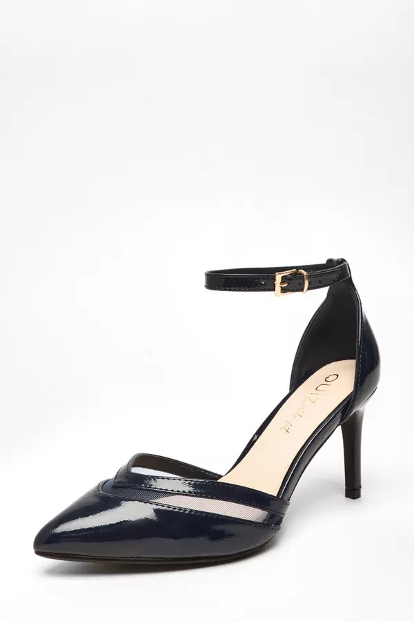 Wide Fit Navy Patent Faux Leather Mesh Court Heels