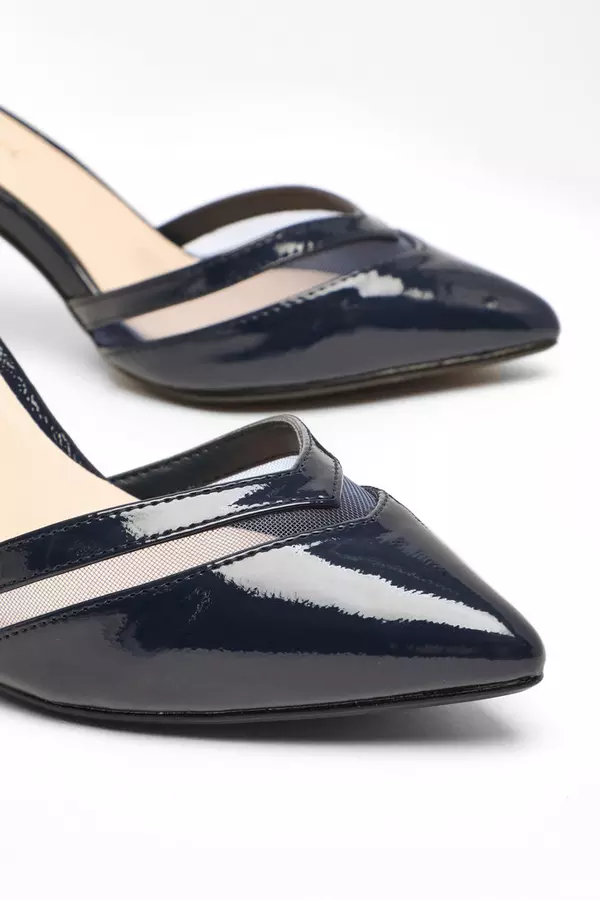 Wide Fit Navy Patent Faux Leather Mesh Court Heels