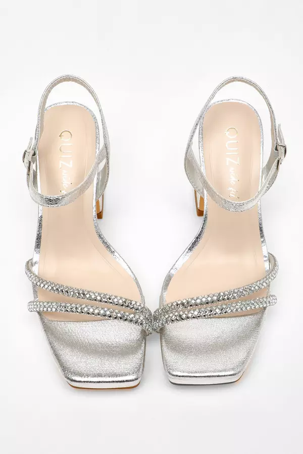 Wide Fit Silver Diamante Platform Heeled Sandals