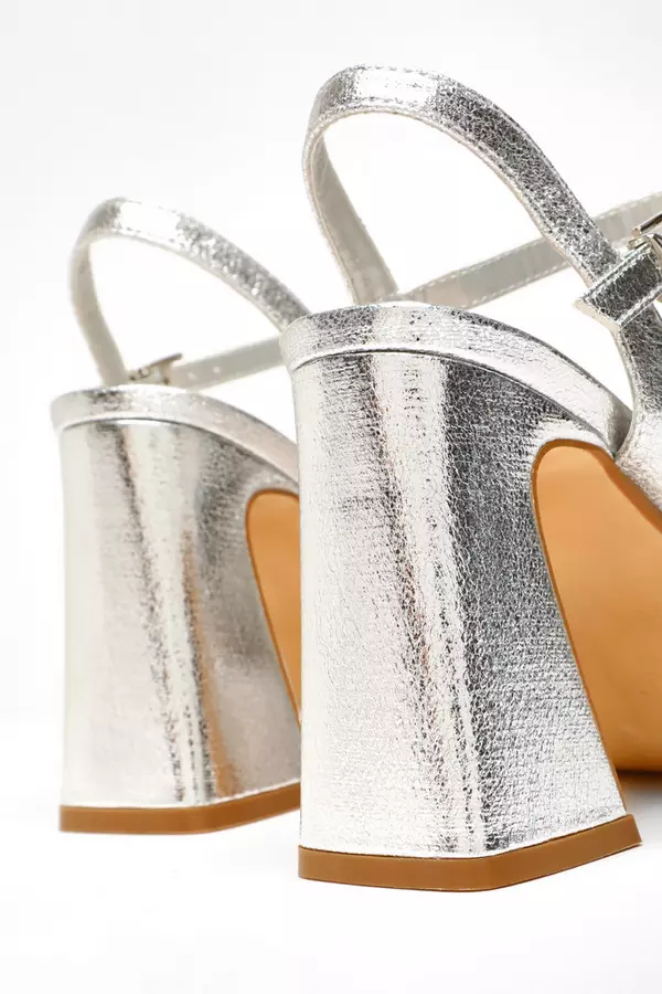 Wide Fit Silver Diamante Platform Heeled Sandals
