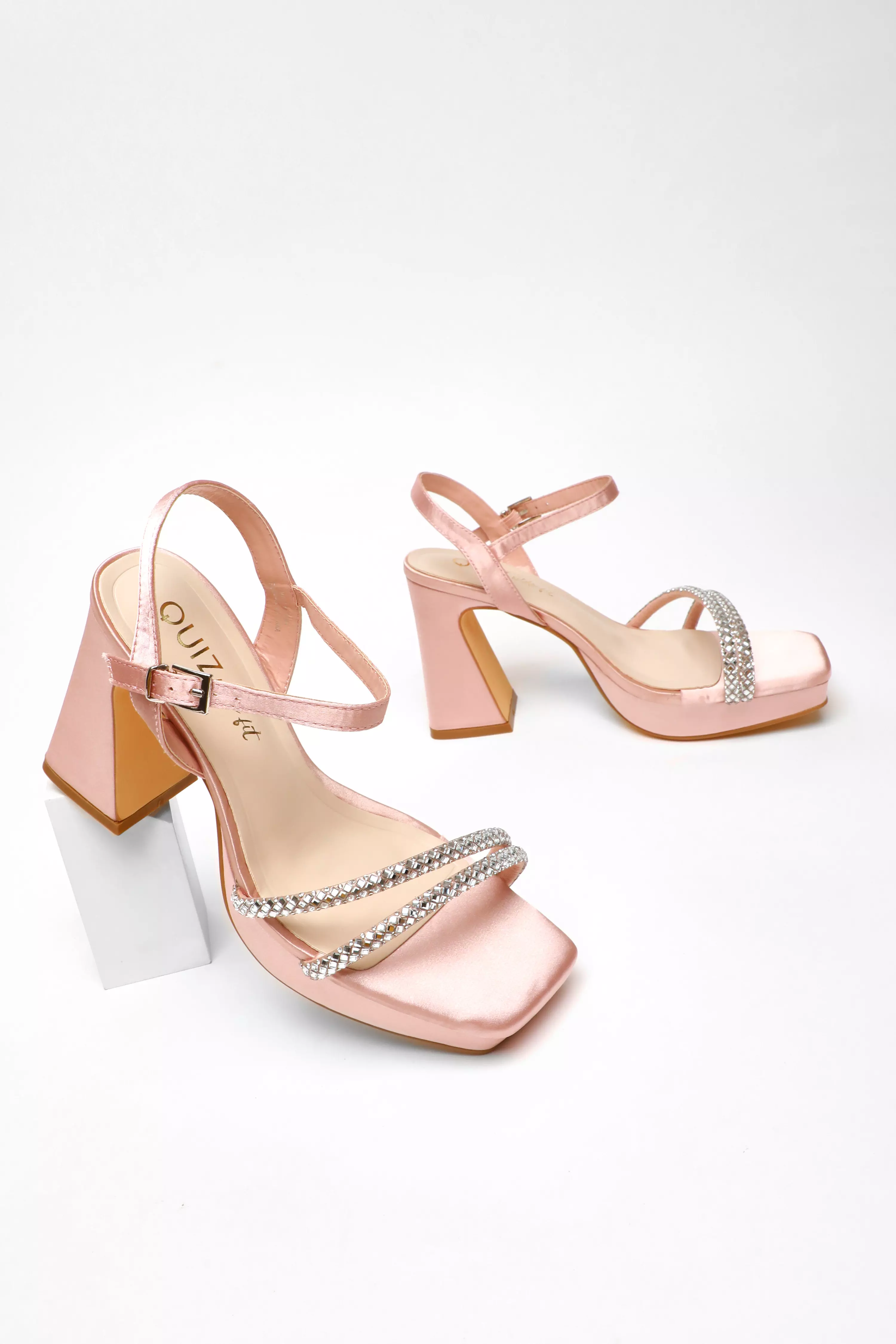Wide Fit Light Pink Diamante Platform Heeled Sandals