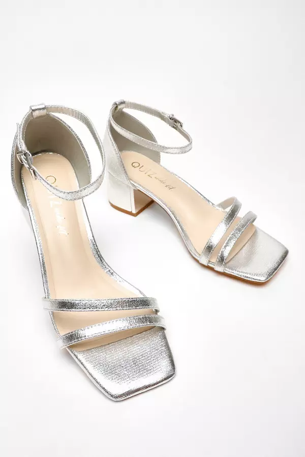 Wide Fit Silver Foil Strappy Low Block Heeled Sandals