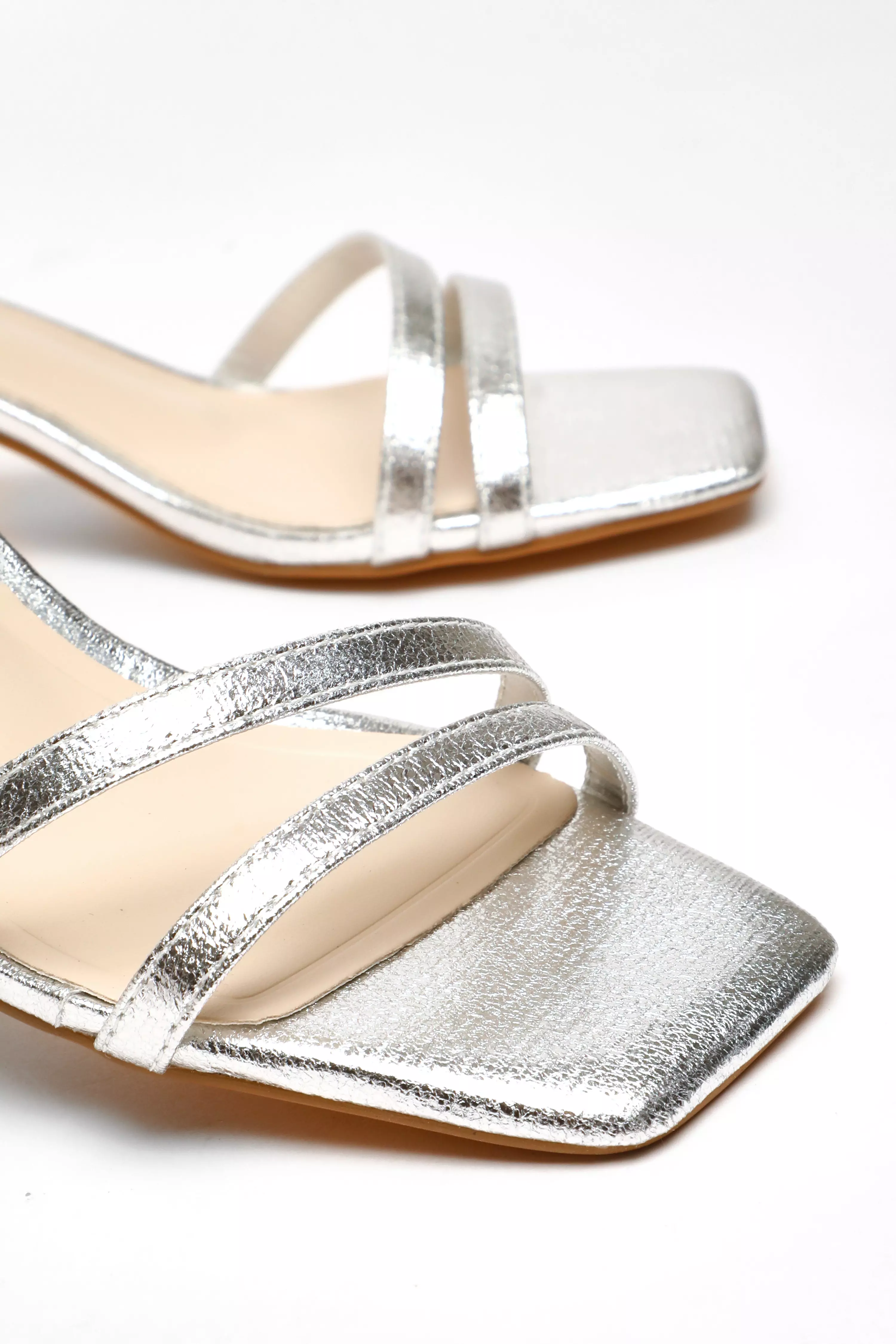 Wide Fit Silver Foil Strappy Low Block Heeled Sandals