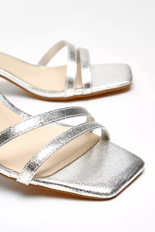 Wide Fit Silver Foil Strappy Low Block Heeled Sandals