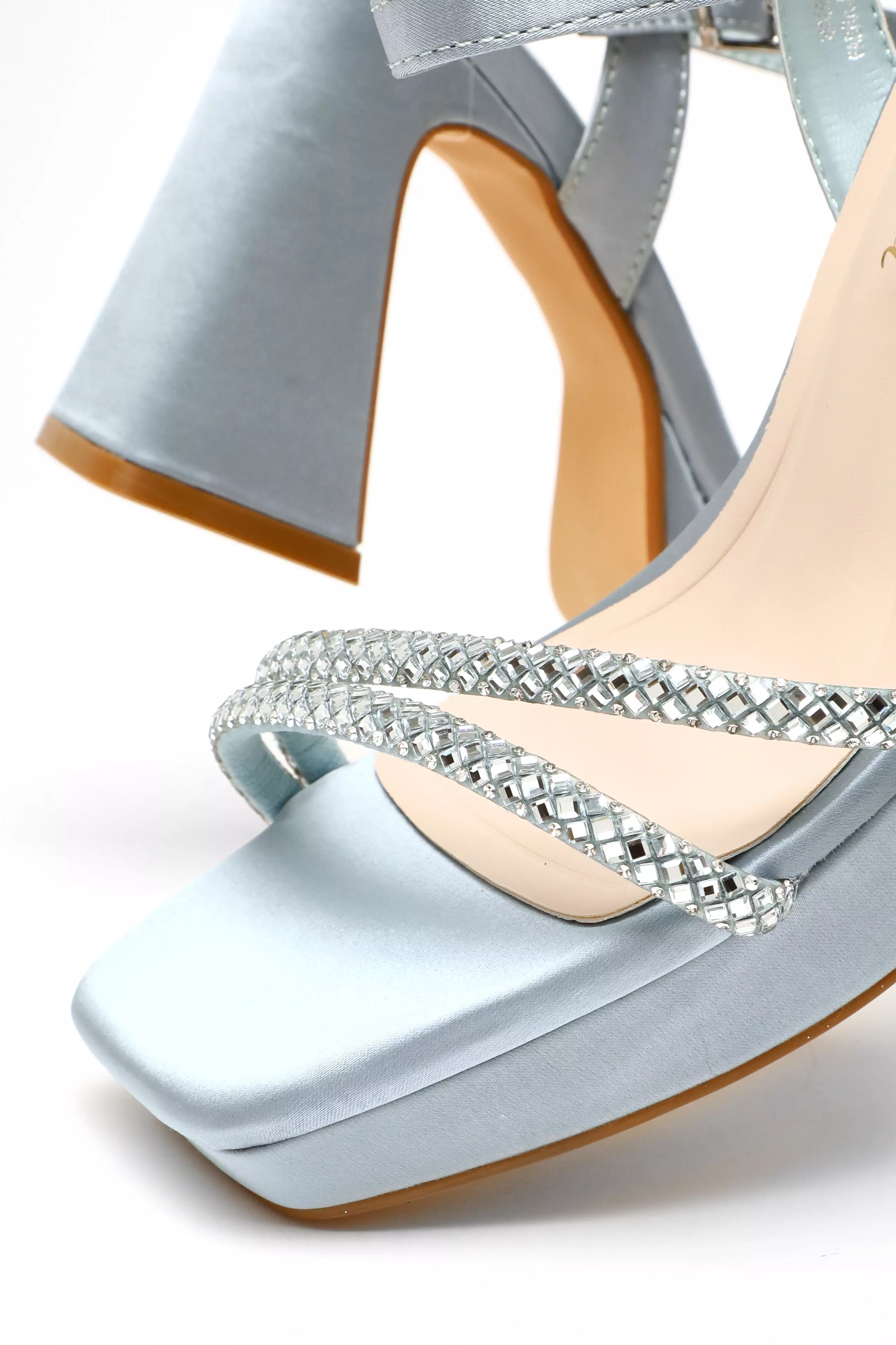 Wide Fit Blue Satin Diamante Platform Heeled Sandals