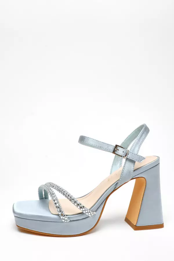 Wide Fit Blue Satin Diamante Platform Heeled Sandals