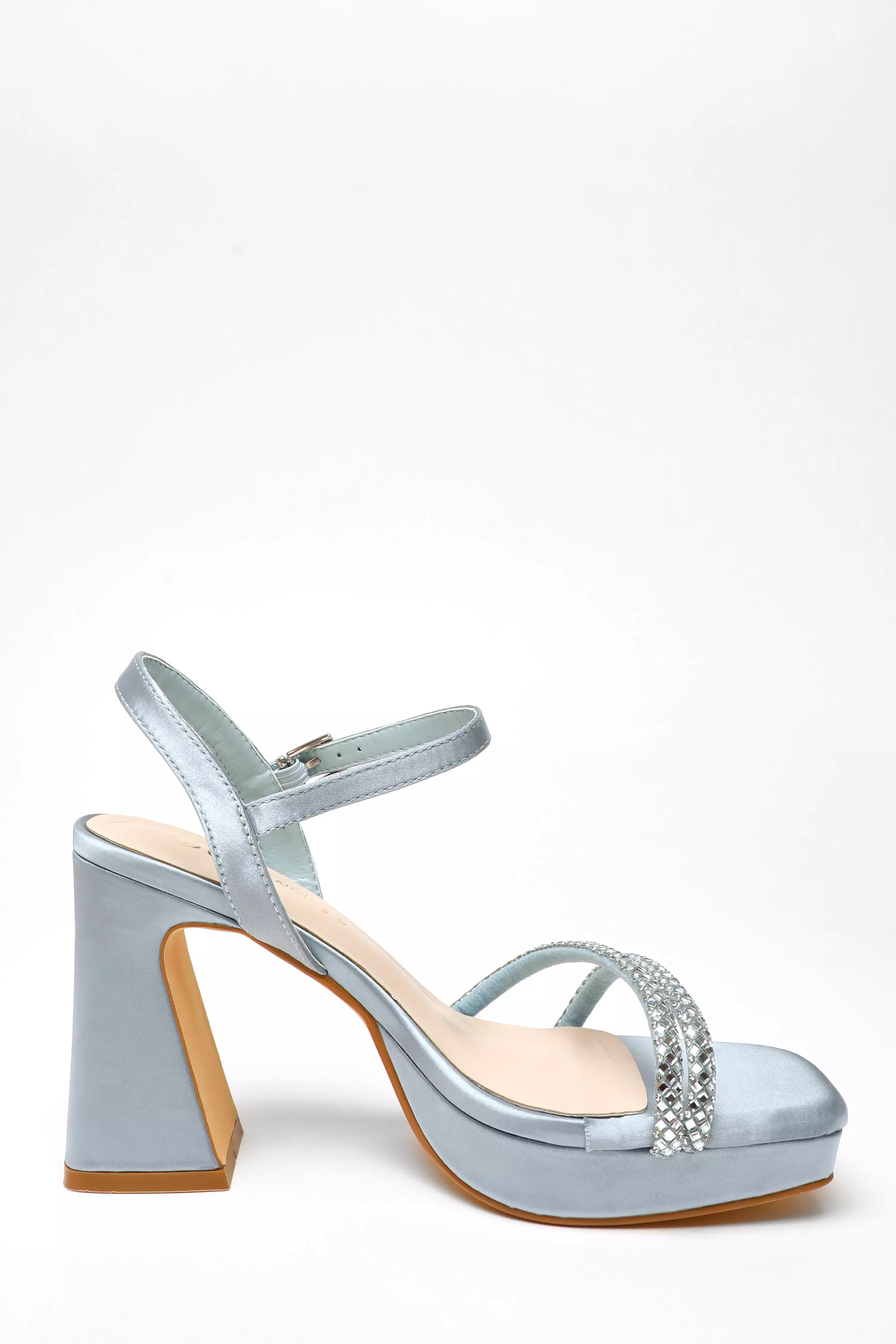 Wide Fit Blue Satin Diamante Platform Heeled Sandals