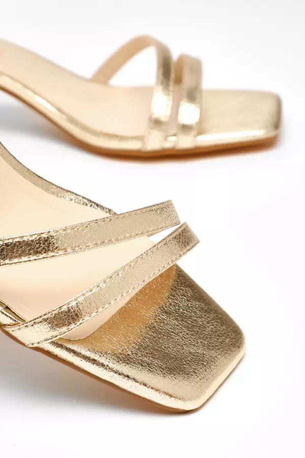 Wide Fit Gold Foil Strappy Low Block Heeled Sandals